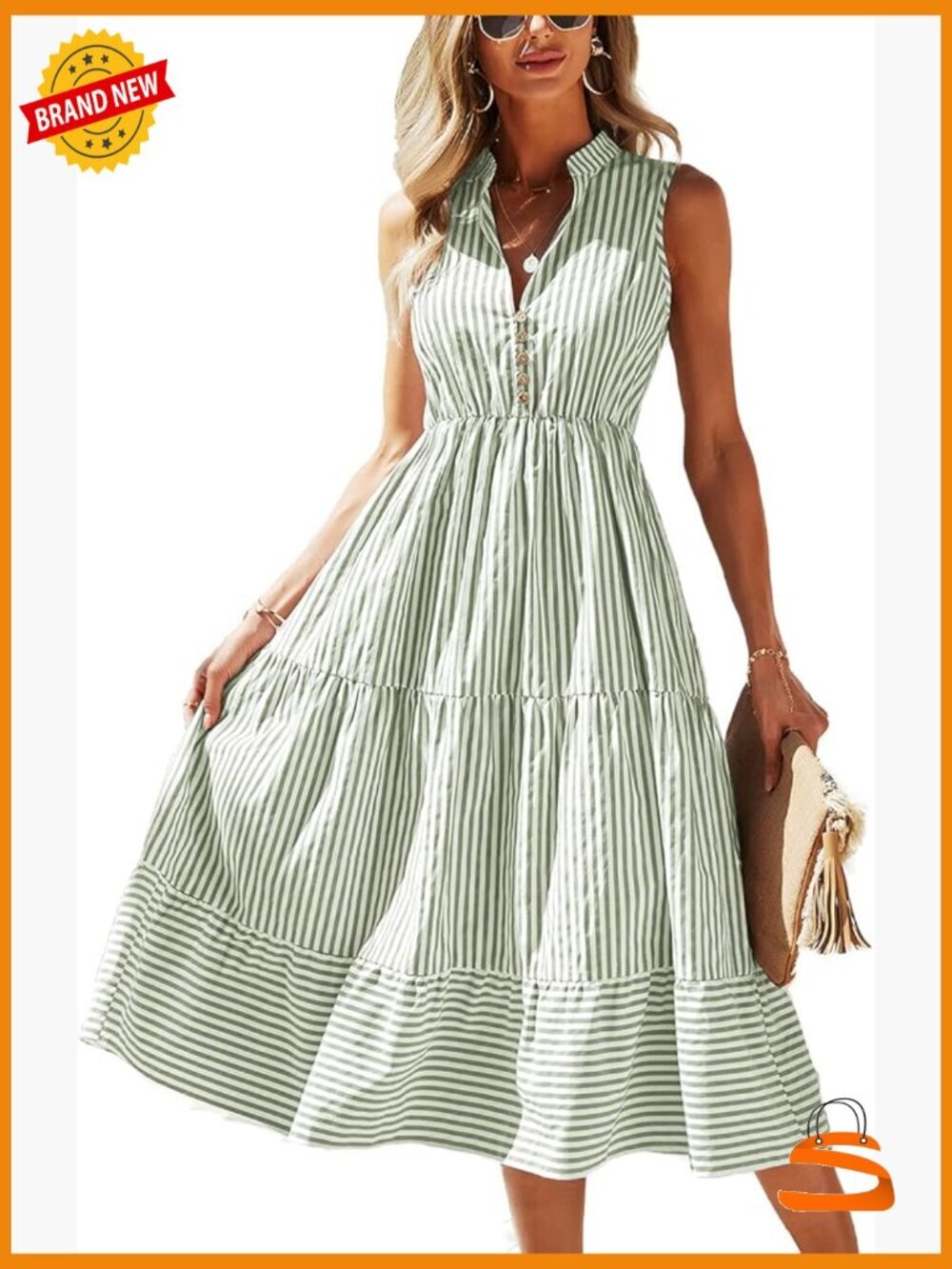 Sleeveless V-Neck Striped Midi Shirt Dress